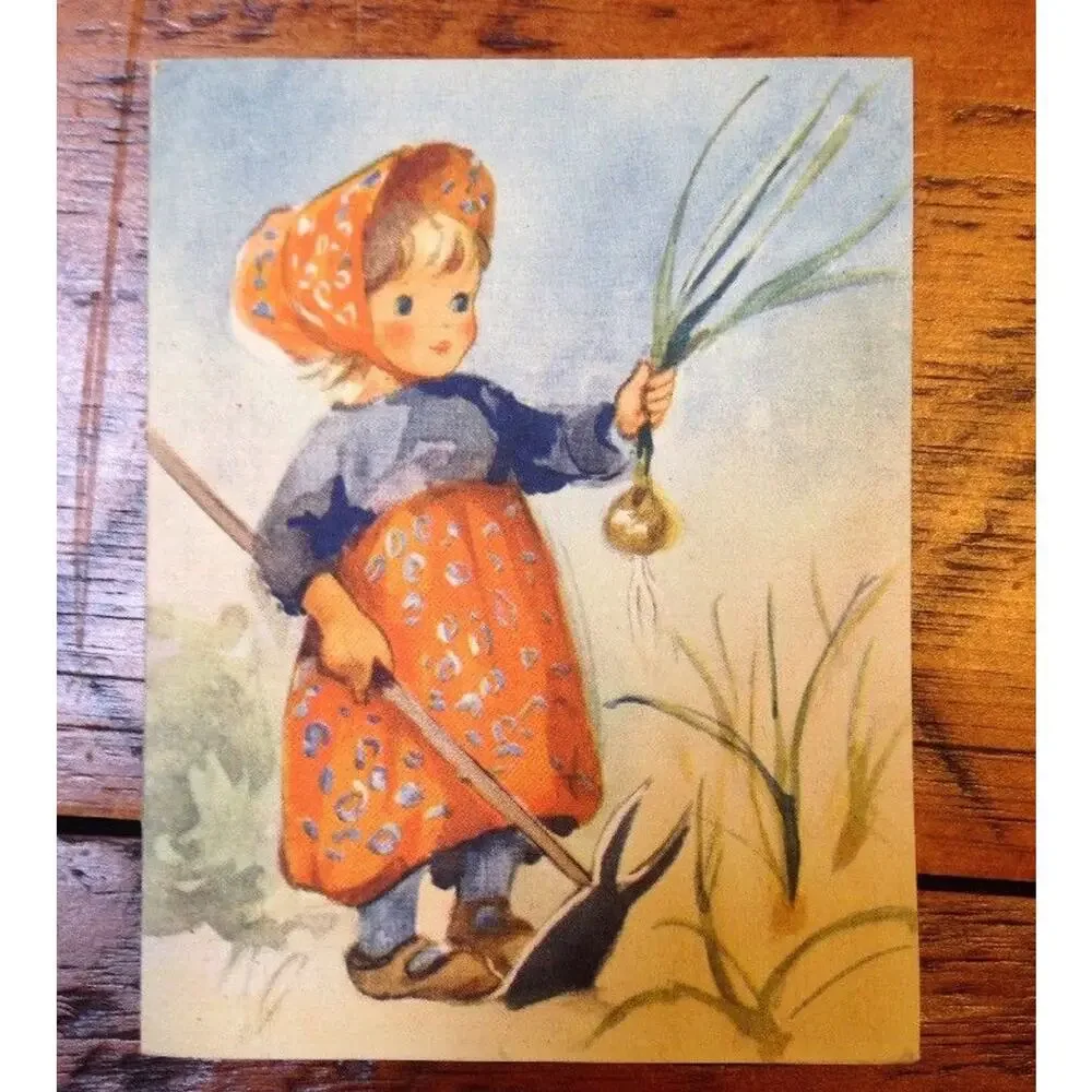 Vintage 40s Brownie Baby Pixie Onion Gardener Veggie Garden Blank Greeting Card